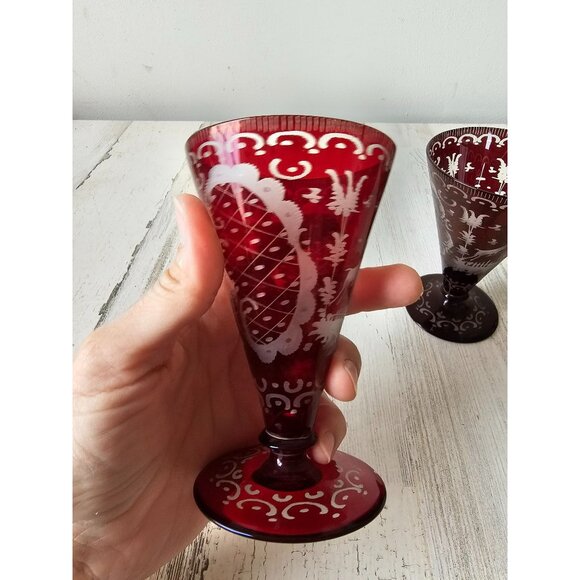 Egermann red Bohemian cut glass goblet champagne deer building cranberry vintage - Picture 3 of 6